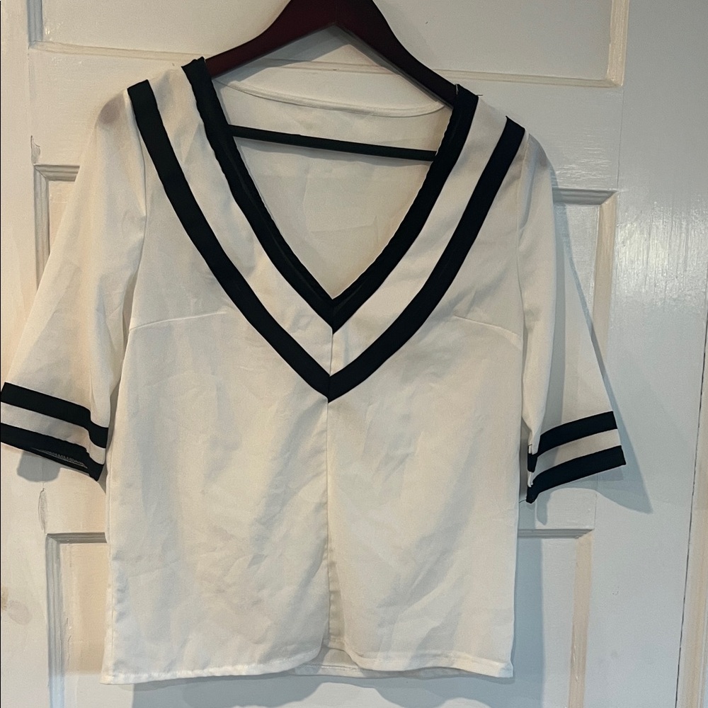 Chic V-Neck White and Black Women's Blouse